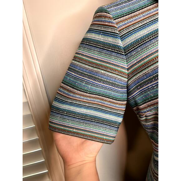 1970s Teal Brown Tweed Stripes Western Retro Disco Dagger Collar Hostess Dress M - Picture 5 of 6